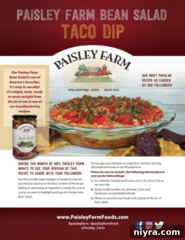 A vibrant, colorful image showcasing the Paisley Farm Bean Salad Taco Dip Challenge, with text encouraging recipe submissions and featuring hashtags for social media.