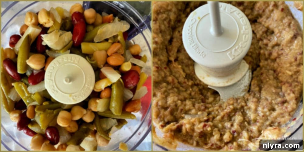 Paisley Farm Five Bean Salad being pureed in a food processor with softened cream cheese and taco seasoning, showing the process of blending ingredients.