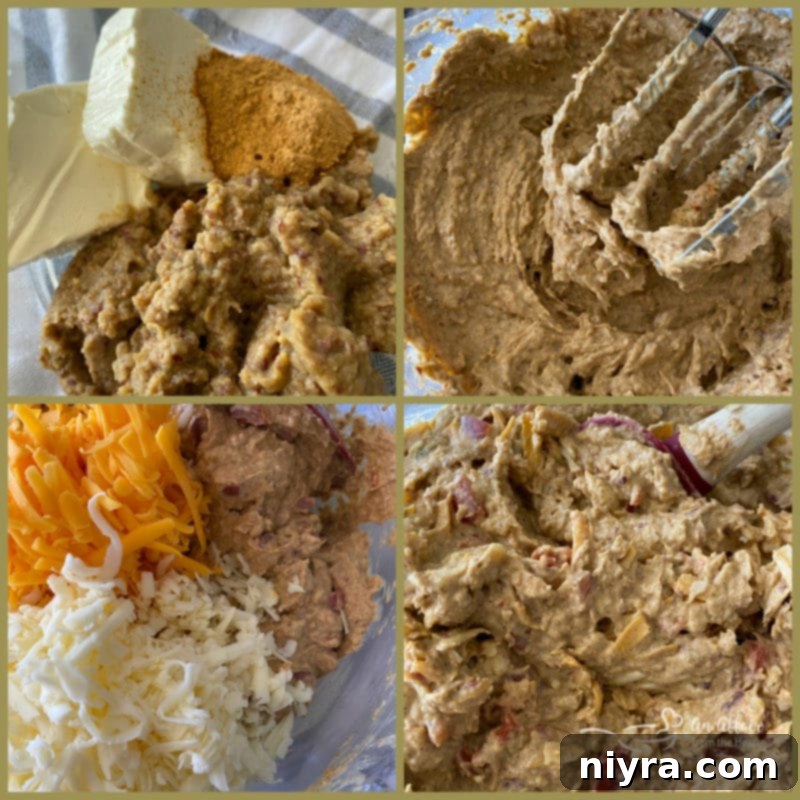 Pureed five bean salad mixture with cream cheese and taco seasoning in a mixing bowl, ready for the next steps.