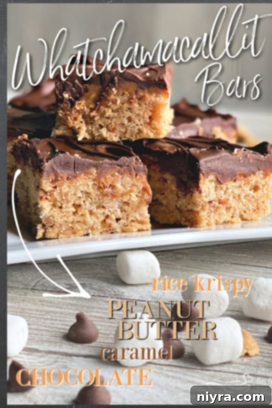 Homemade Whatchamacallit Bars on a wooden board, ready to be pinned on Pinterest