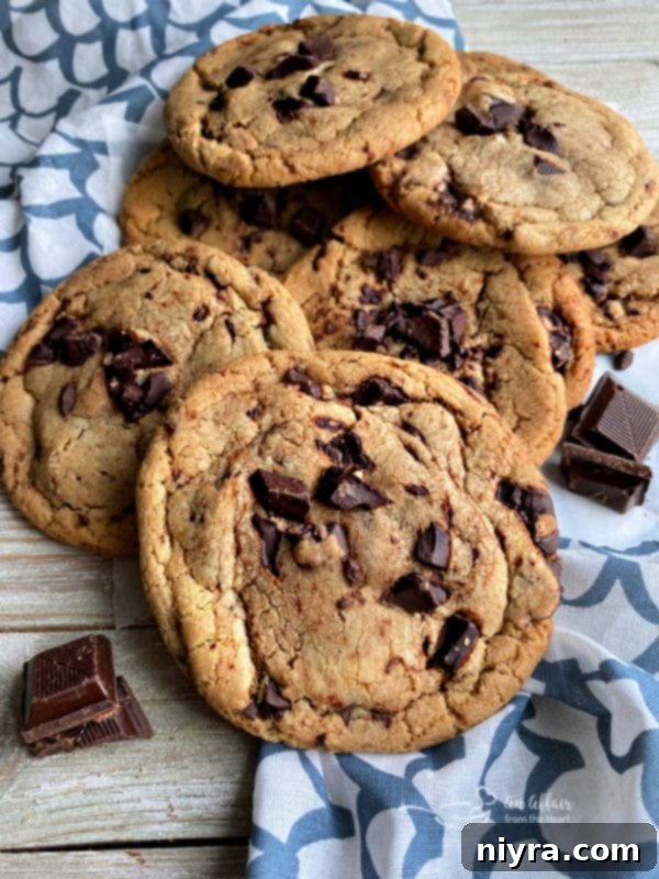 A tray of freshly baked Brown Butter Chocolate Chunk Cookies