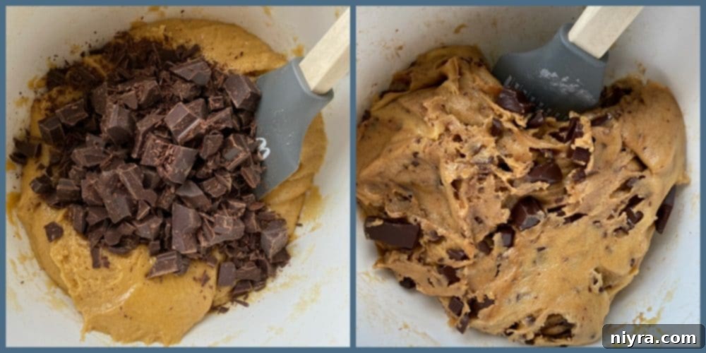 Cookie dough with chocolate chunks folded in, ready for scooping