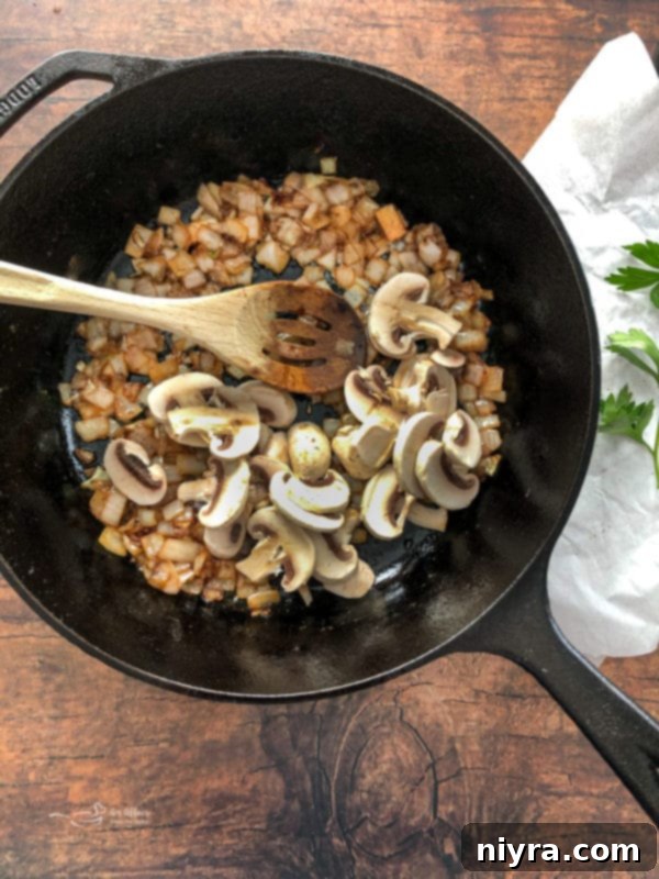 Salisbury Meatballs 12 Sautéing onions and mushrooms for Salisbury Steak Meatball gravy