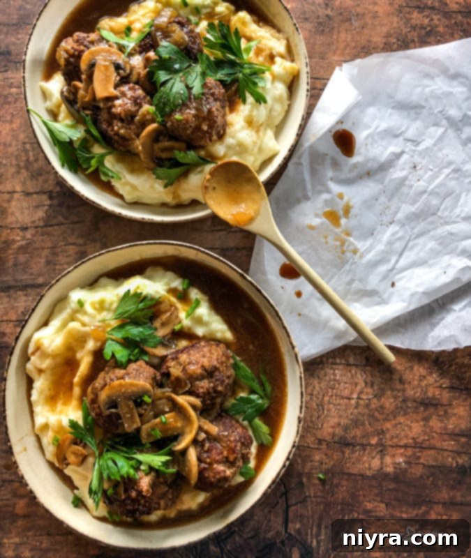 Salisbury Meatballs 15 Salisbury Steak Meatballs plated with potatoes