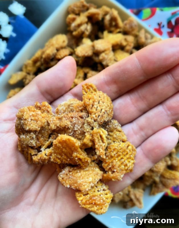 Caramel Churro Chex Mix in a red bowl