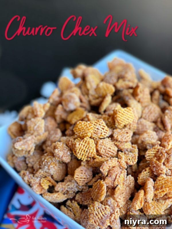 Caramel Churro Chex Mix close up on a platter