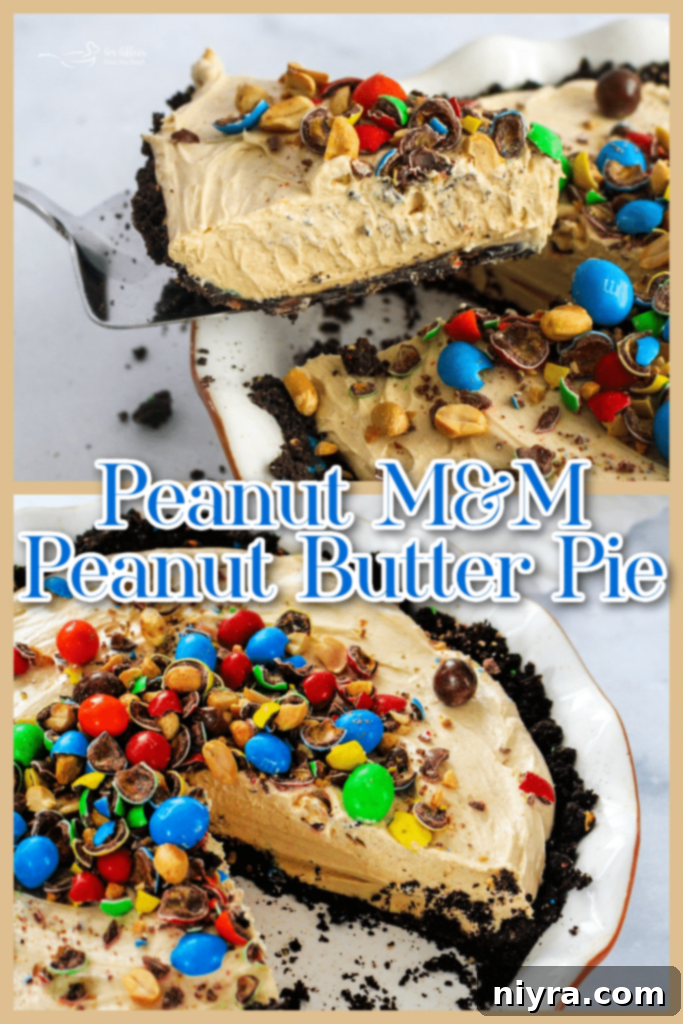 Ultimate Peanut M and M Peanut Butter Pie 13 A slice of Peanut M&M Peanut Butter Pie being pulled from the whole pie