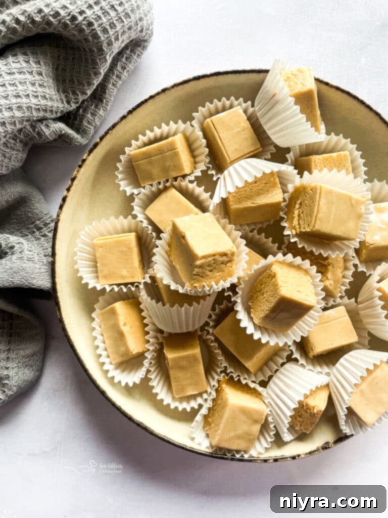 Ultimate Peanut M and M Peanut Butter Pie 15 Delicious peanut butter fudge squares stacked on a cream-colored dish