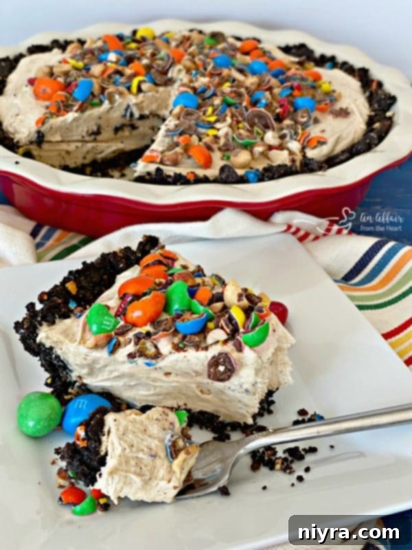 Ultimate Peanut M and M Peanut Butter Pie 19 A close-up shot of a single bite taken out of a slice of Peanut M&M Peanut Butter Pie