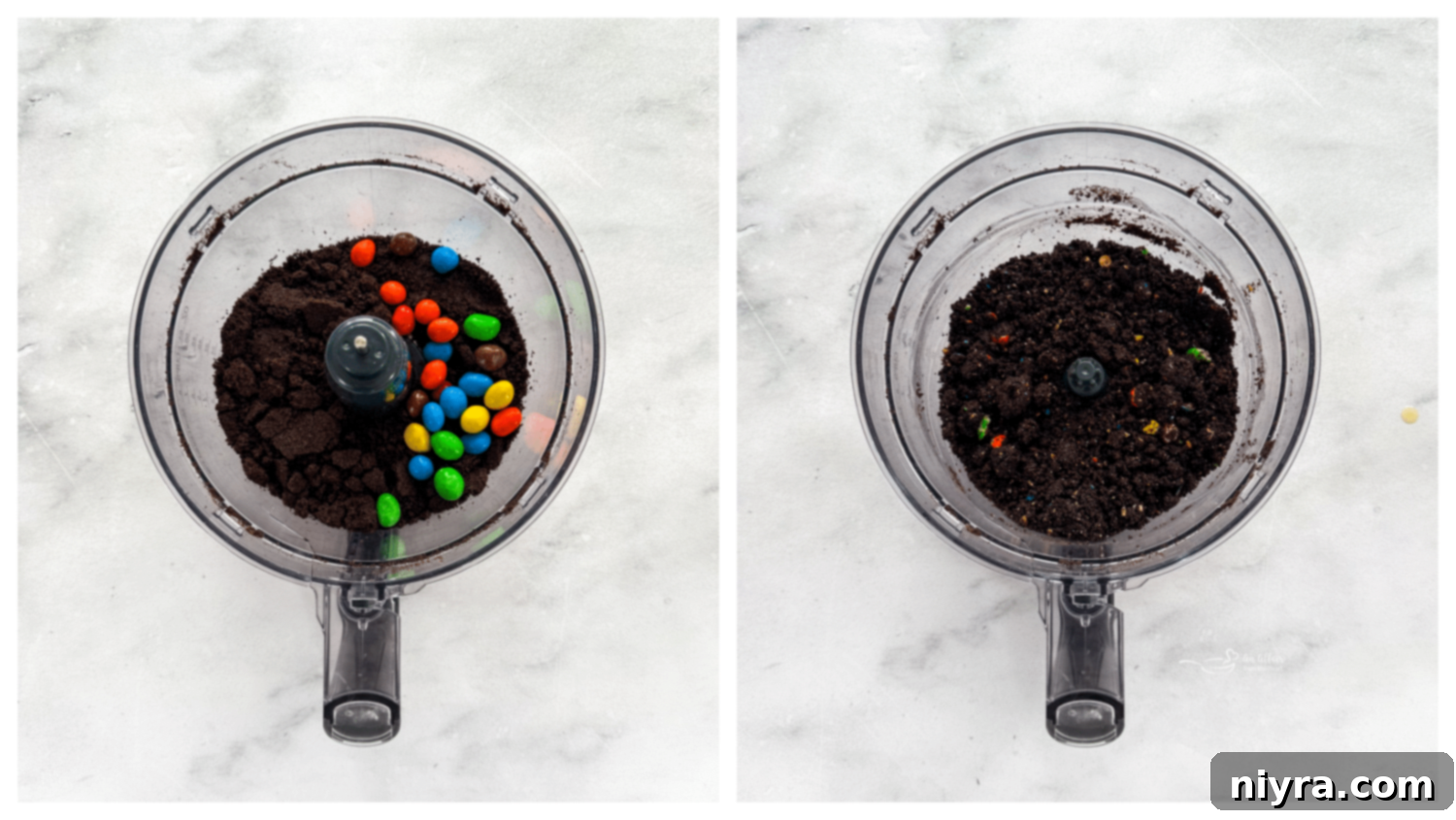 Ultimate Peanut M and M Peanut Butter Pie 8 Crushed Oreo cookies and Peanut M&M's in a food processor