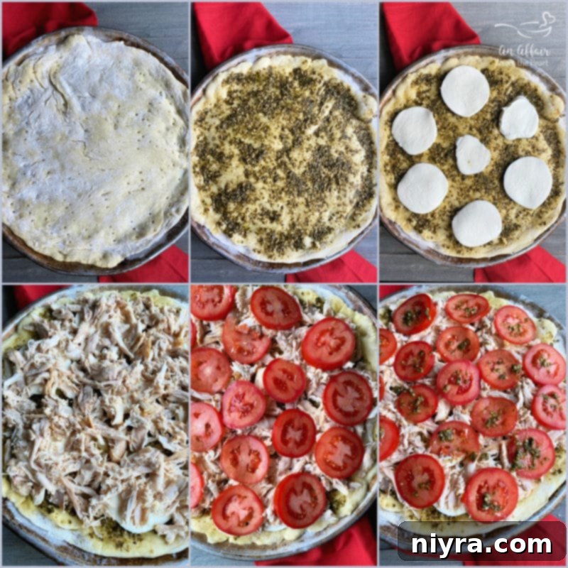 Flavorful Chicken Pesto Pizza 5 Hands preparing Chicken Pesto Pizza by spreading sauce on crust