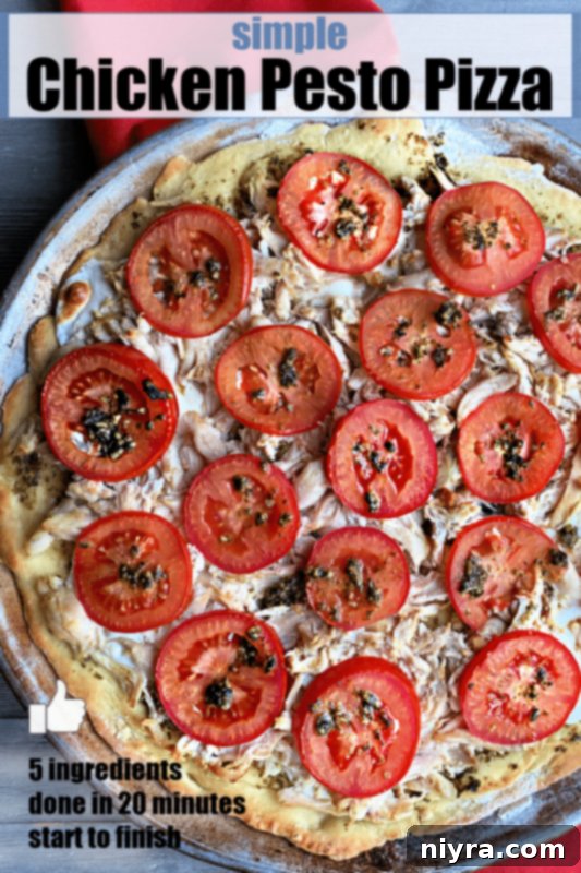 Flavorful Chicken Pesto Pizza 7 Pinterest graphic for Easy Chicken Pesto Pizza