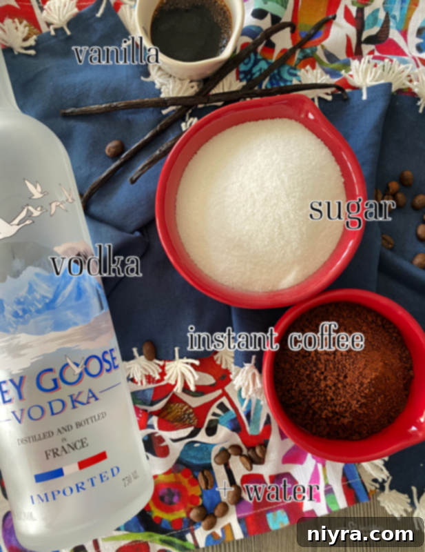 Key ingredients for homemade Kahlua: vodka, sugar, vanilla extract, instant coffee, and water displayed on a white surface.