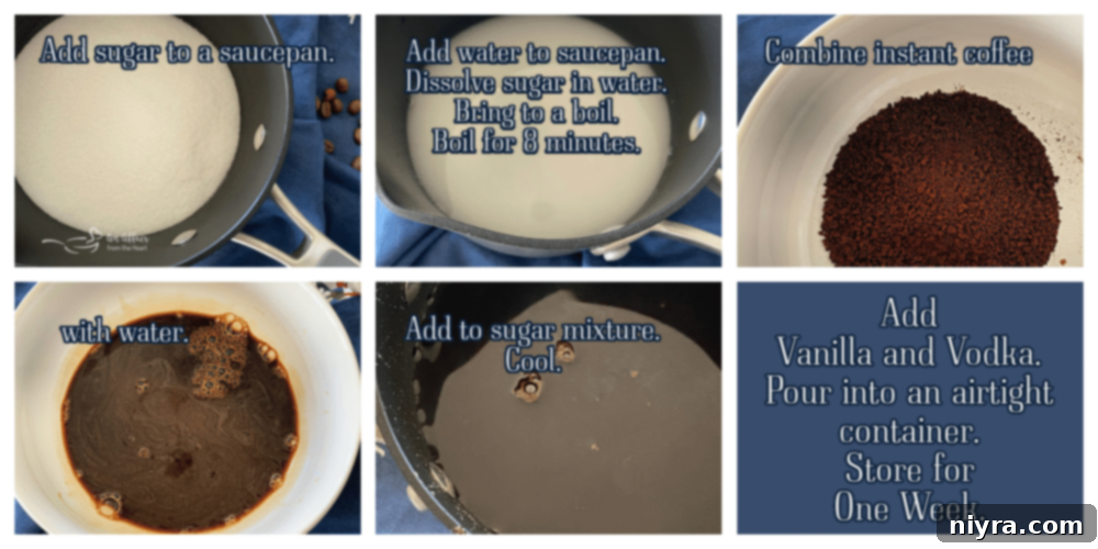 Step-by-step image collage showing the process of making homemade Kahlua, from dissolving sugar to bottling the finished product.