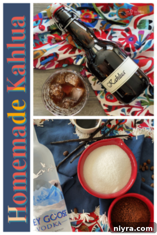 Homemade Kahlua bottle with a recipe card styled for a blog, promoting the 'An Affair from the Heart' website.