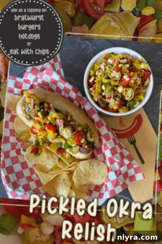 Zesty Okra Relish 17 Pickled Okra Relish on bratwurst and in a bowl