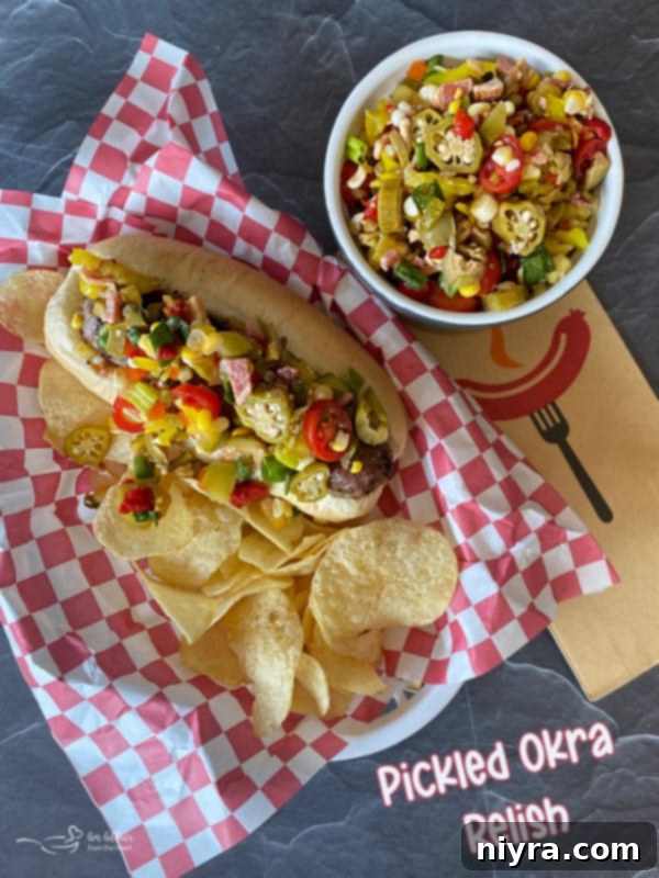 Zesty Okra Relish 5 Pickled Okra Relish on a plate with grilled meat