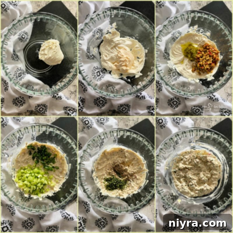 Step-by-step instructions for making olive dip, showing ingredients and mixing process.