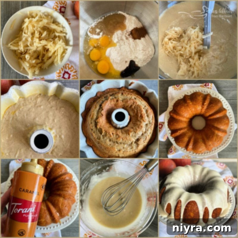 A large slice of Caramel Apple Tea Cake on a white plate