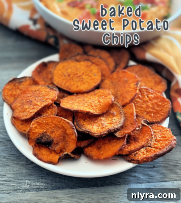 Baked sweet potato chips on a plate with a hero shot focus, emphasizing their crispiness and inviting texture.