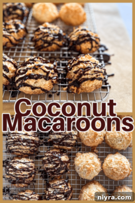 A beautifully composed shot of chocolate-drizzled coconut macaroons