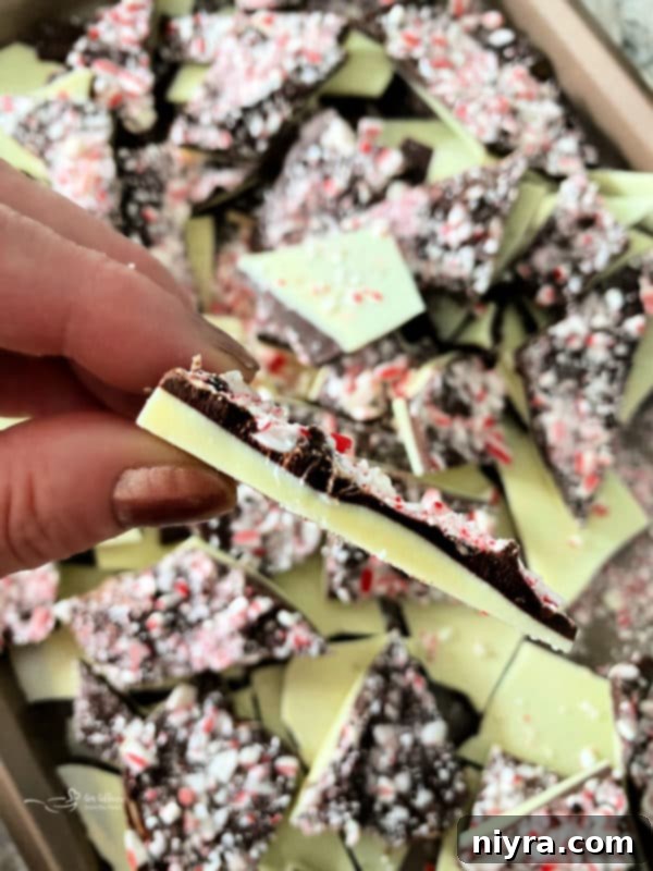 Close-up of layers of white and dark chocolate topped with crushed peppermint candies, showcasing the texture and vibrant colors.