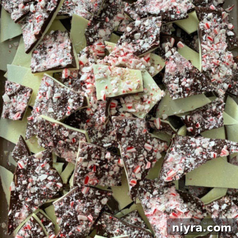 Several irregular pieces of finished white and dark chocolate peppermint bark, ready for serving or packaging.