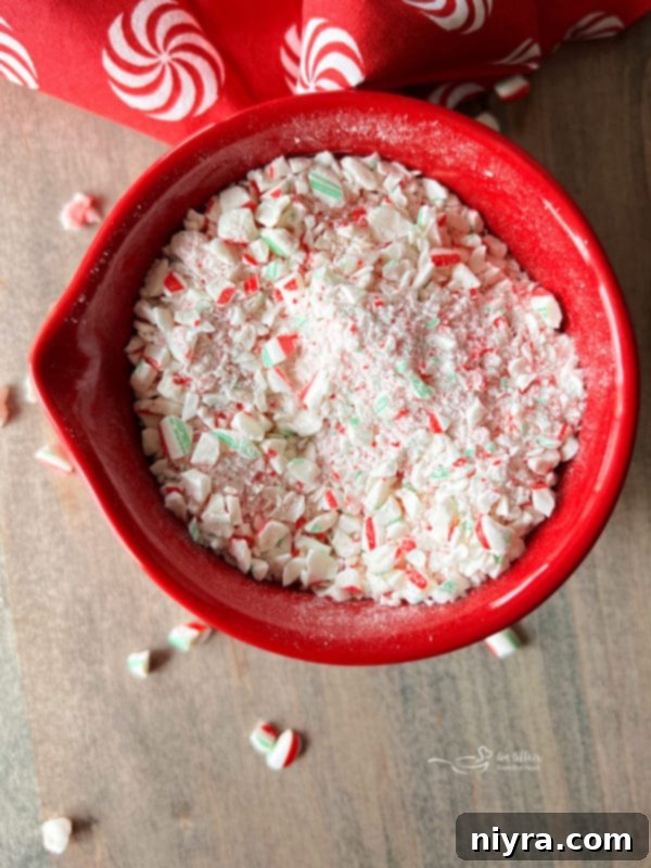 Close-up of a bowl filled with finely crushed candy canes, ready to be sprinkled over the chocolate bark.