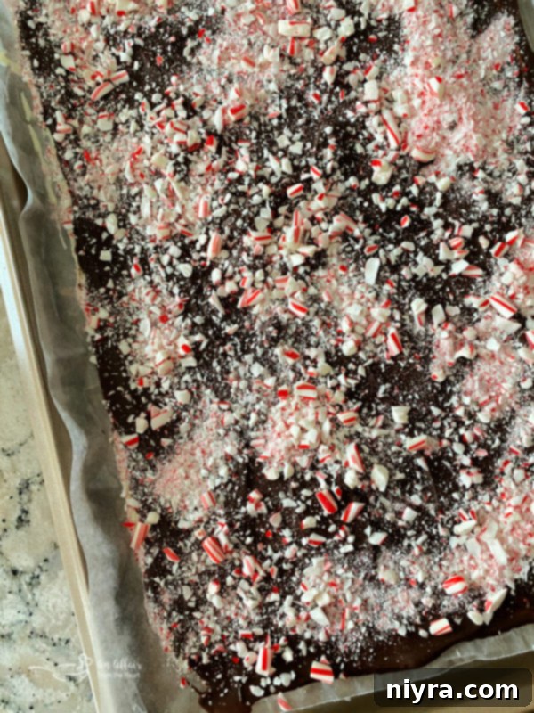 Process of making peppermint bark, showing melted white chocolate spread on a parchment-lined baking sheet.