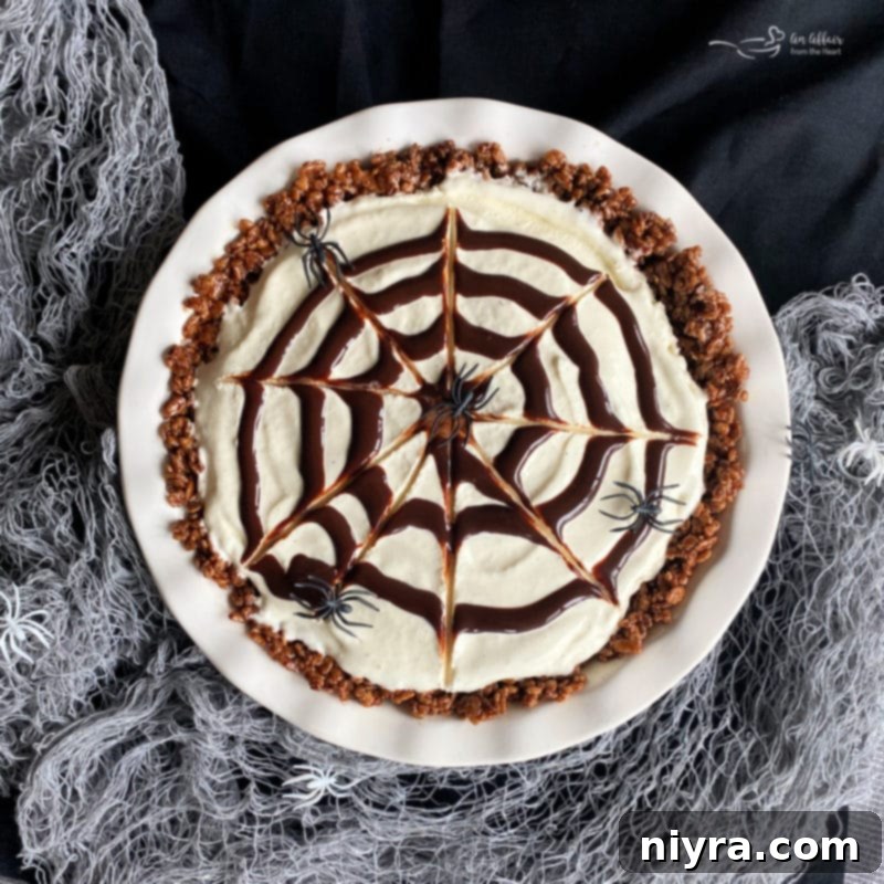 Close-up of the Spider Web Ice Cream Pie with plastic spiders