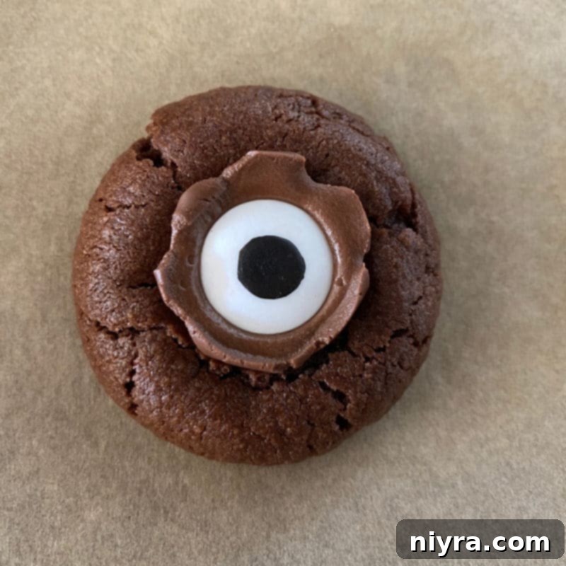 Close up of chocolate cookies with melted Hershey's Kisses