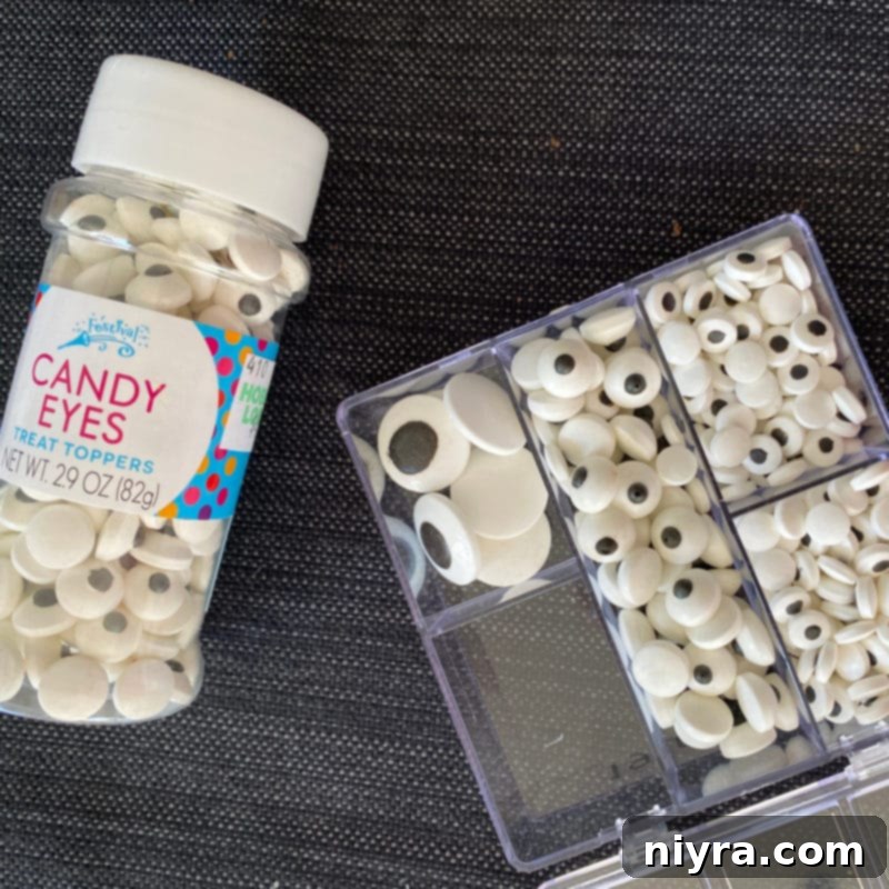 Chocolate sugar cookies decorated with assorted candy eyeballs