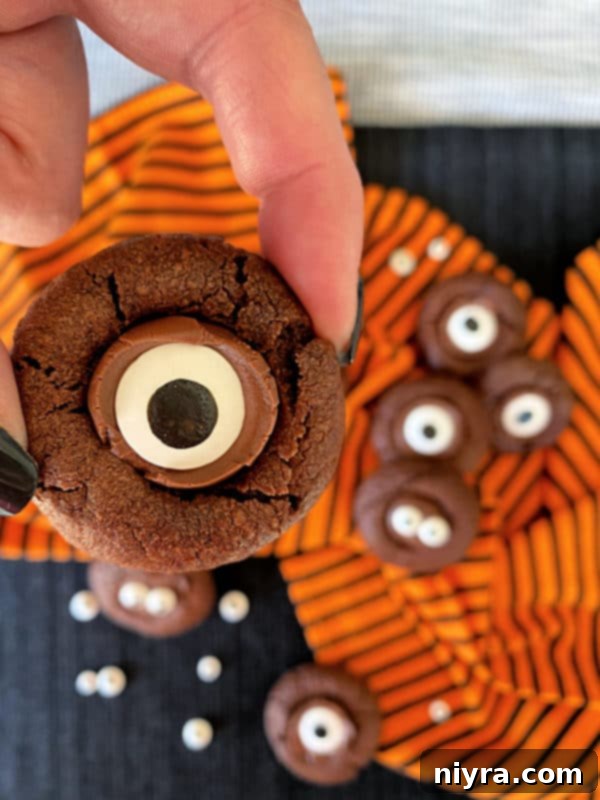 A platter of Halloween Chocolate Sugar Cookies with Candy Eyeballs