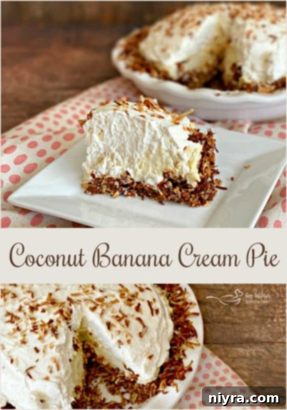 Slice of Coconut Banana Cream Pie on a white plate
