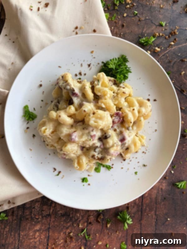 Reuben Mac 'n Cheese baked in a dish