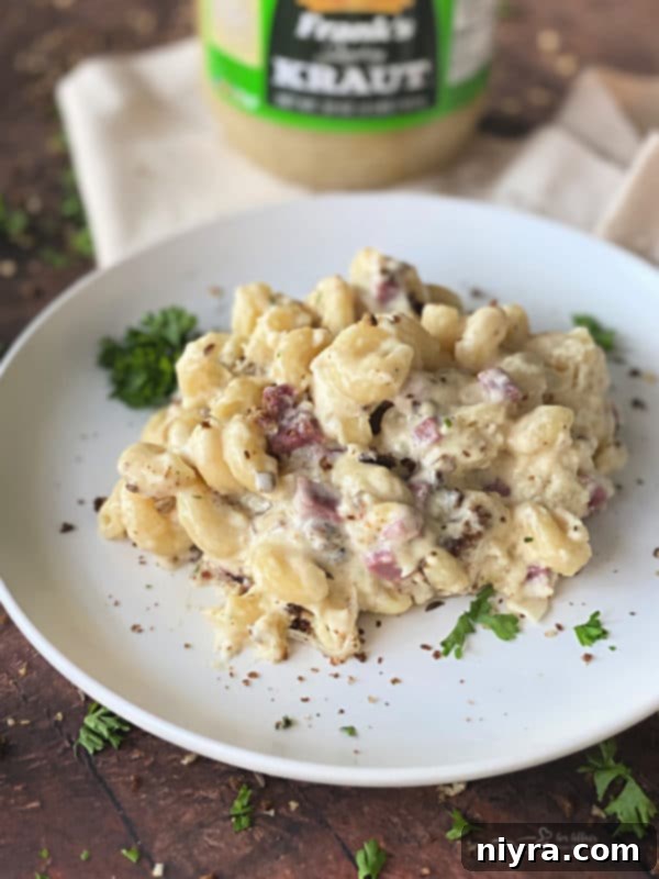 Close up of Reuben Mac 'n Cheese on a plate