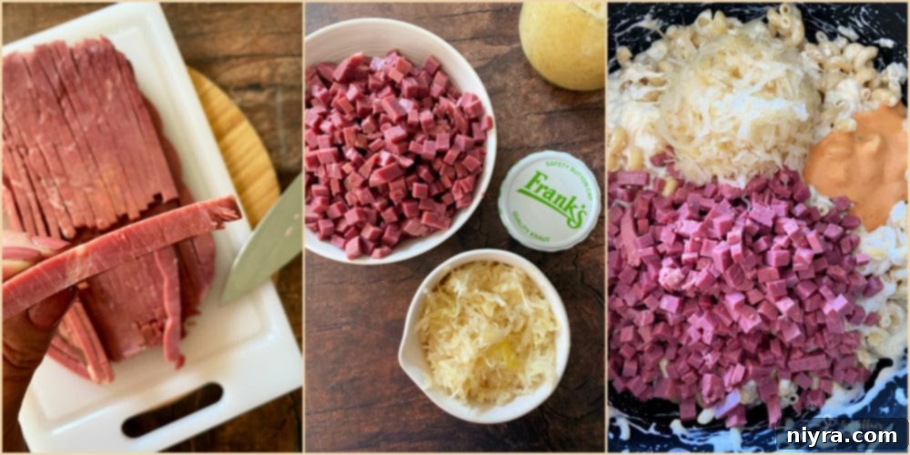 Prepping Reuben Mac 'n Cheese: cubed corned beef and drained sauerkraut
