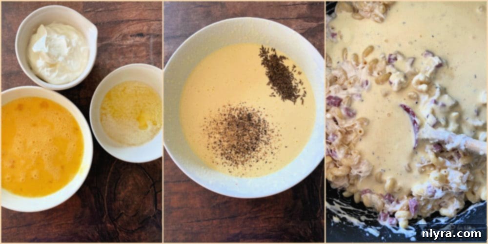 Prepping Reuben Mac 'n Cheese: egg mixture with caraway seeds