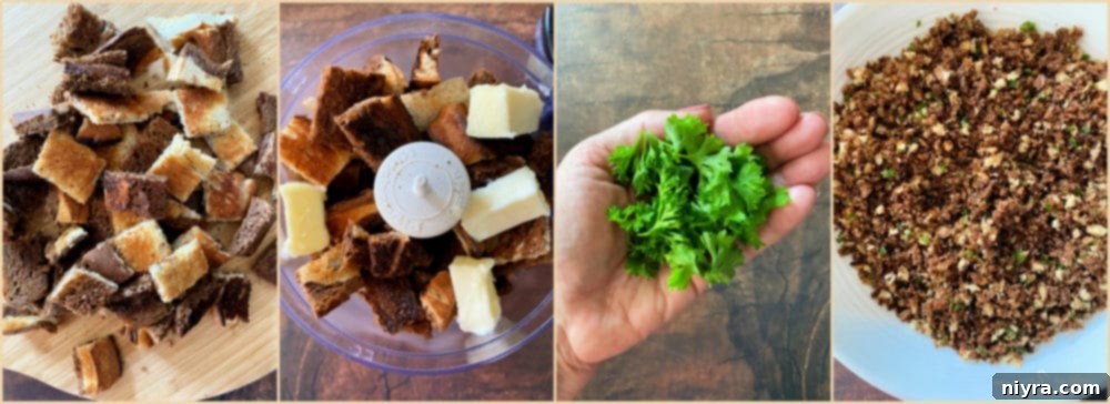 Prepping Reuben Mac 'n Cheese: making rye bread crumbs