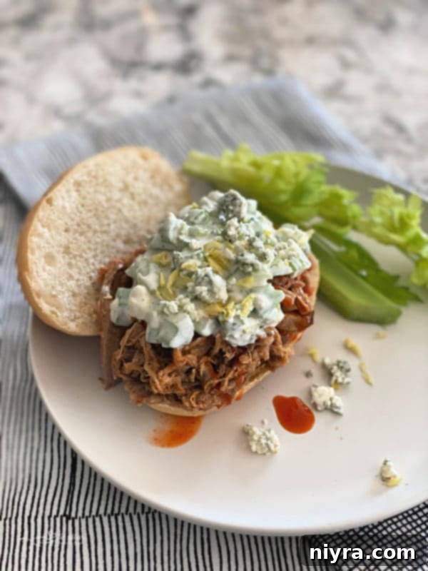 Slow Cooker Buffalo Pulled Pork Sandwich with Celery Slaw