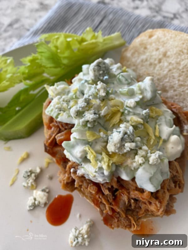 Finished Buffalo Pulled Pork Sandwich with Celery Slaw