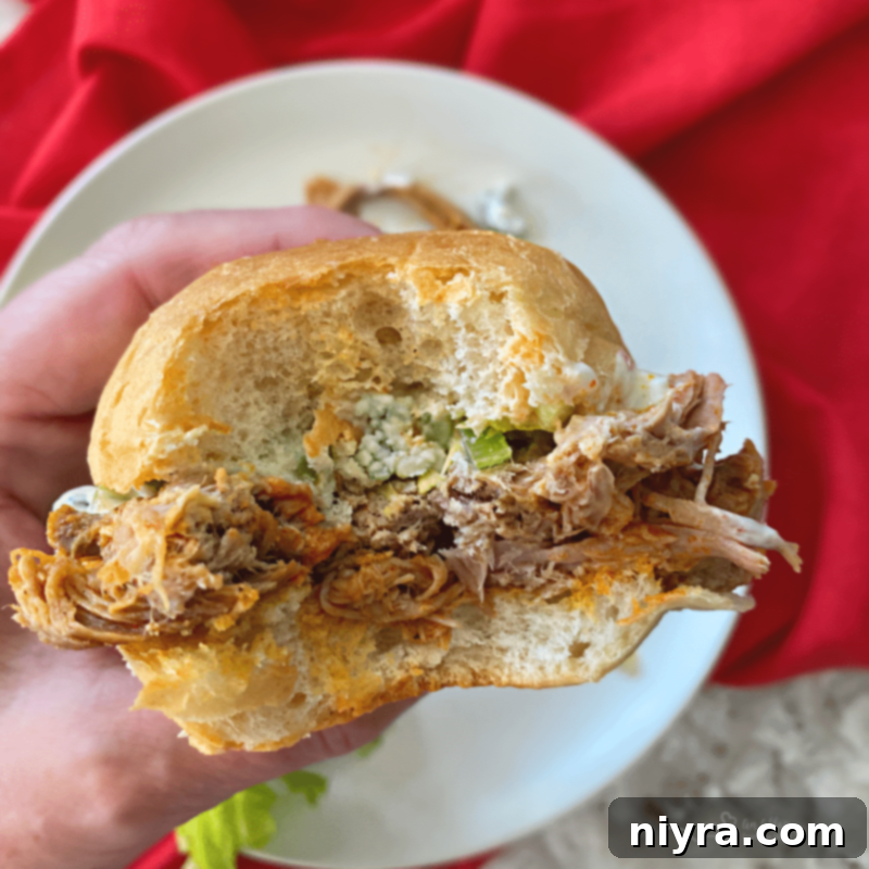 Close-up of buffalo pulled pork in a slow cooker