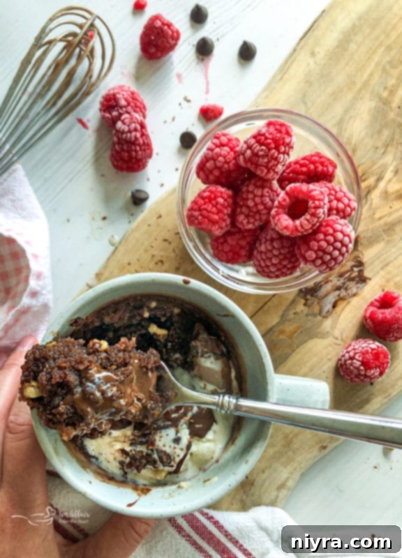 A perfectly cooked mug brownie, rich and dark, served in a light grey mug with a spoon.