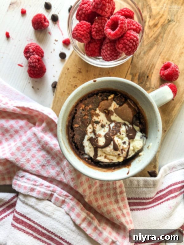 An overhead shot of a mug brownie garnished with whipped cream and chocolate shavings.