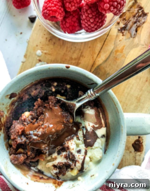 A close-up shot of a mug brownie topped with a scoop of vanilla ice cream and a cherry.