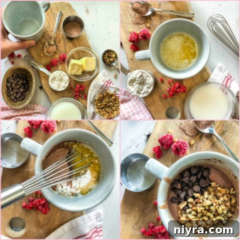 A step-by-step collage showing the process of making a mug brownie: melting butter, mixing ingredients, adding chocolate chips, and the final batter.