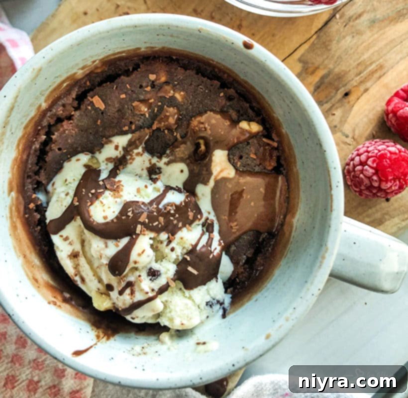 A delicious mug brownie, topped with whipped cream, chocolate syrup, and fresh raspberries, ready to be enjoyed.