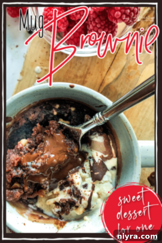 A side view of a mug brownie, cut open to show its fudgy interior, topped with a single pecan.