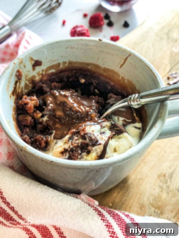 A close-up shot of a mug brownie with a spoon, highlighting its moist and gooey texture.