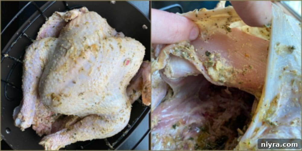 Collage showing steps for preparing turkey rub and placing turkey in roasting pan.